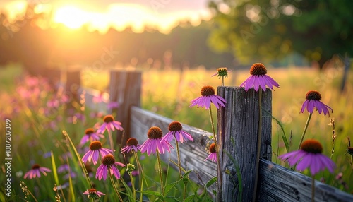 Purple coneflowers blooming by a rustic wooden fence at sunset in a golden field.