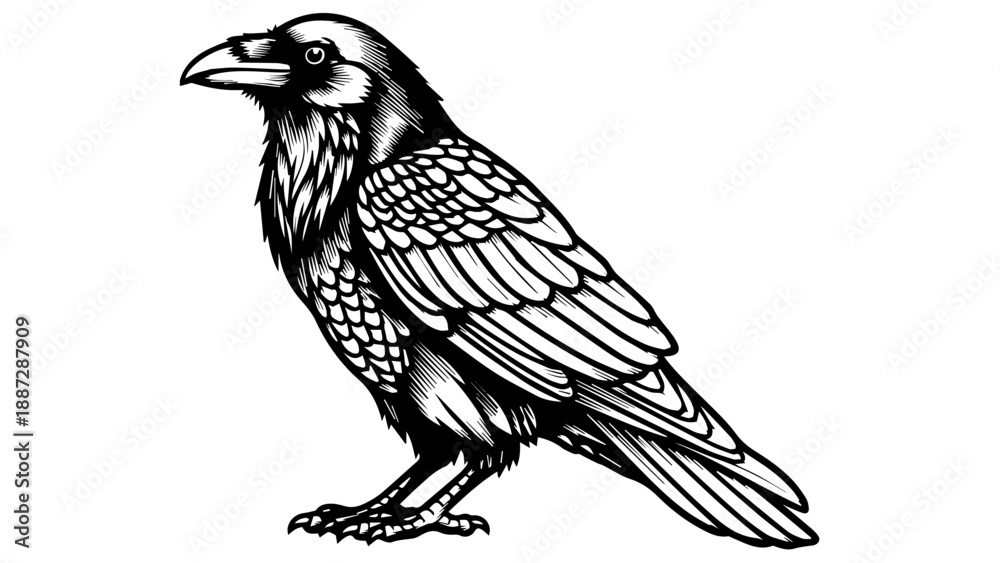 Fototapeta premium Black and white illustration of a raven or crow in a dynamic three-quarter pose