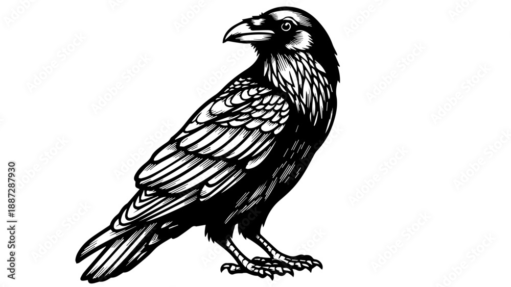 Fototapeta premium Black and white illustration of a raven standing upright with intricate feather details