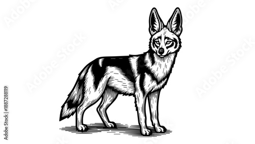 Black and white illustration of a fox with intricate fur textures and detailed shading