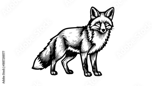 Black and white illustration of a fox in three-quarter profile with detailed fur texture and alert expression