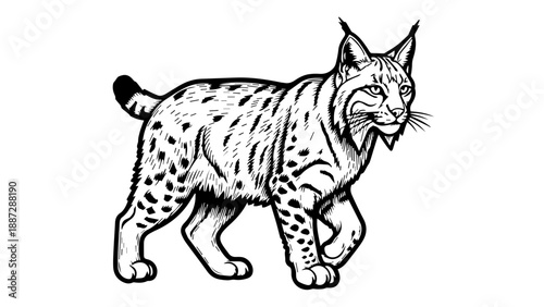Black and white illustration of a lynx in mid-stride with detailed fur patterns