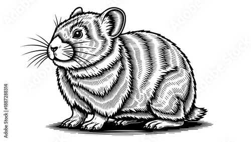 Black and white illustration of a hamster with cross-hatching details