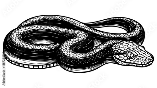 High-contrast black-and-white illustration of a coiled snake with detailed scales and piercing eyes