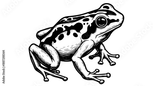 Black and white illustration of a frog with textured skin and spots