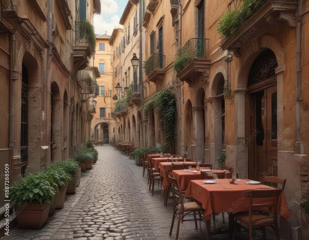 Fototapeta premium Old narrow street with restaurant tables in Rome, Italy, surrounded by ancient buildings and landmarks , building, historic, cityscape