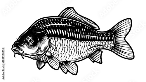 Black and white illustration of a single fish mid-swim with intricate cross-hatching and shading