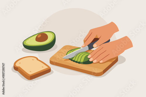 Hands slicing avocado on wooden board with bread slice in kitchen scene