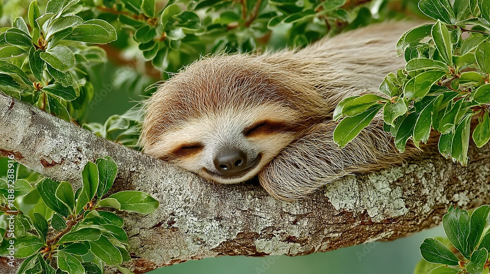 Obraz premium A sloth sleeping on a tree branch surrounded by green leaves.