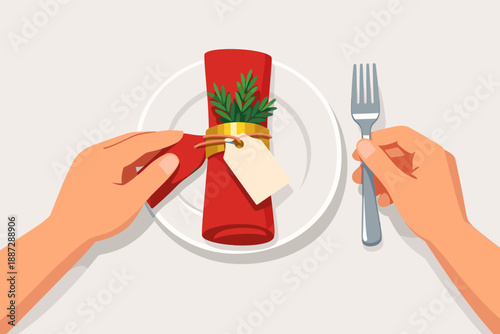Hands setting table with red napkin and fork on plate