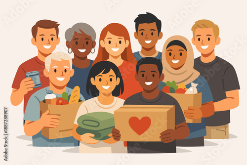 Diverse group of volunteers holding donation boxes and smiling together