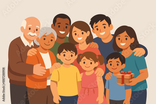 Diverse family gathering with smiling members from different generations