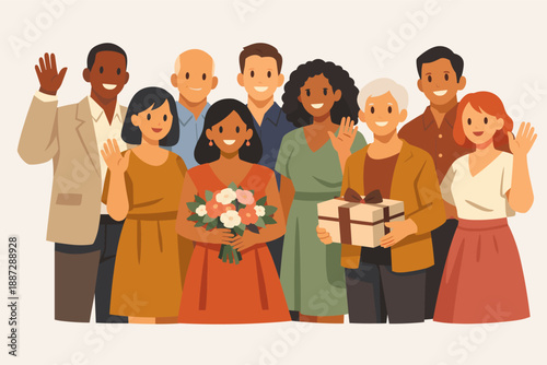 Diverse group celebration with smiling adults holding gifts and flowers