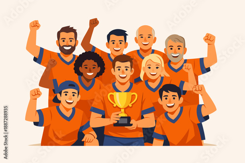 Diverse sports team celebrating victory with trophy