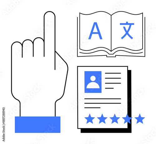 Open book with multilingual characters, hand pointing upward, and profile rating card with stars. Ideal for education, e-learning, language proficiency, translation, user feedback, app interfaces