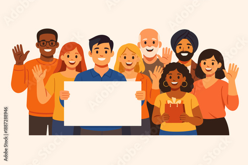 Diverse group of smiling people waving and holding a blank sign