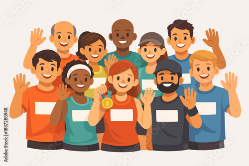 Diverse group of runners celebrating victory with medals and smiles
