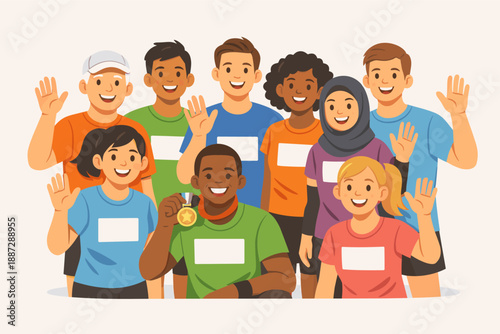 Diverse group of happy young adults celebrating with medals and smiles