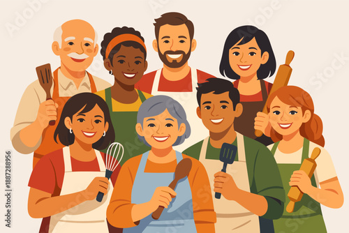 Multiracial cooking group with utensils smiling