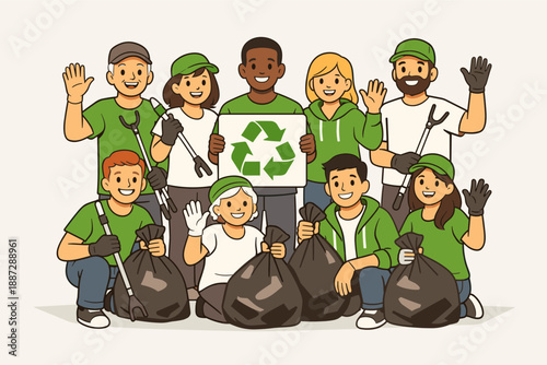 Diverse group of volunteers holding recycling sign and collecting garbage