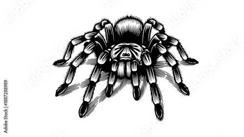 High-contrast black-and-white illustration of a tarantula with elongated legs and robust exoskeleton