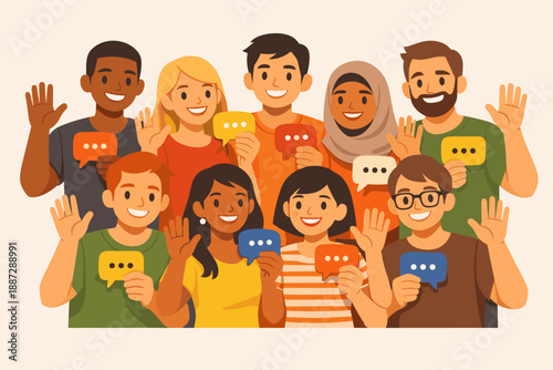 Diverse group of young adults smiling and waving in friendly gestures