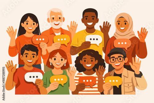 Diverse group waving hello: multiracial adults and teens smiling together