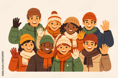 Diverse group of young adults celebrating winter in cozy attire