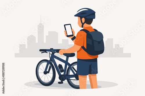 Male cyclist checking smartphone with urban background