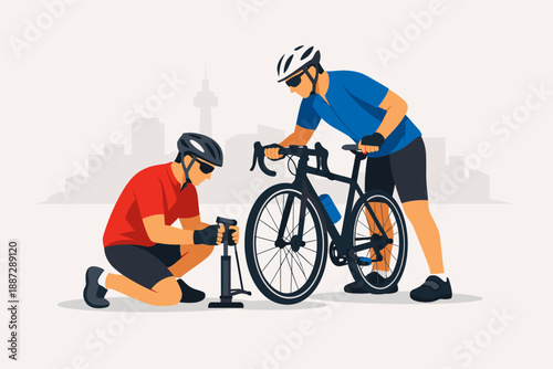 Two adults repairing bicycle outdoors in urban setting