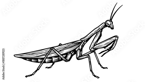 Black and white line drawing of a praying mantis in an alert pose
