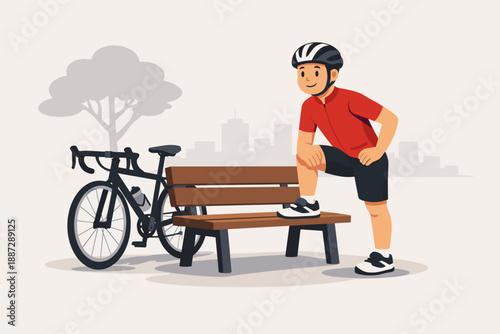 Young male cyclist resting on bench in park with bike nearby