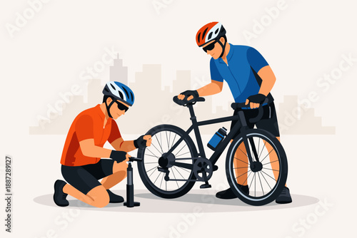 Two young caucasian males repairing bicycle in urban setting with helmets and sunglasses