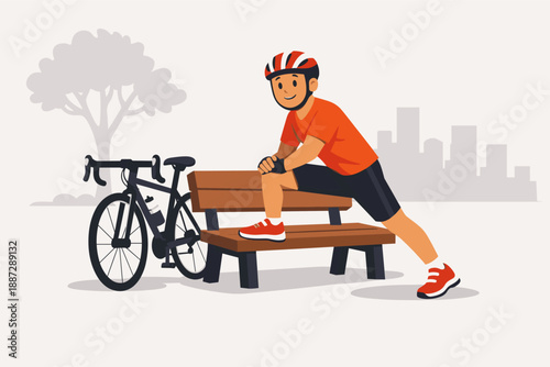 Young hispanic male stretching by bicycle in park with city skyline