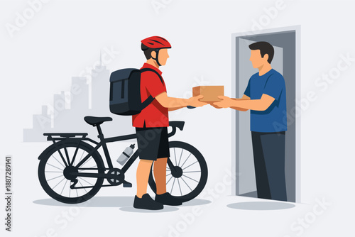 Male bicycle courier delivering package to customer