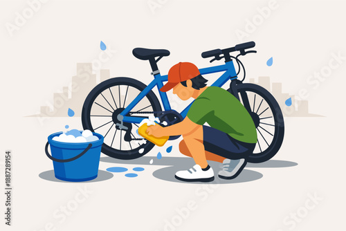 Young caucasian male cleaning bicycle with bucket and sponge outdoors
