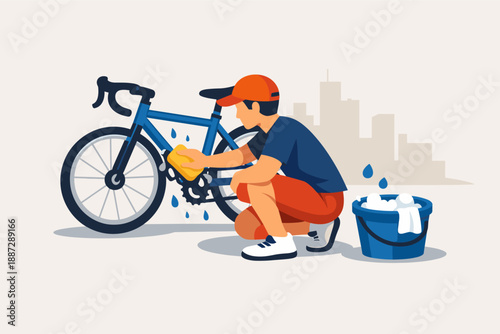 Young caucasian male washing bicycle outdoors with sponge and bucket