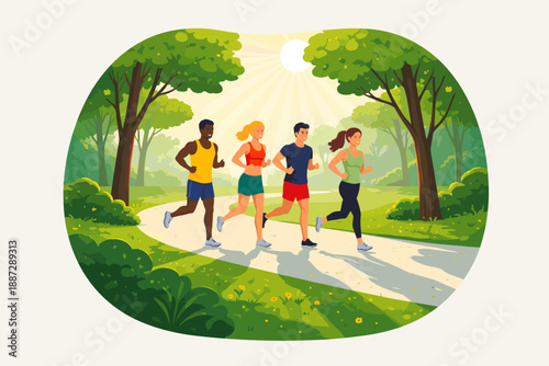 Diverse group jogging in sunlit park