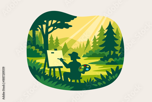 Silhouette of artist painting landscape in sunlit forest