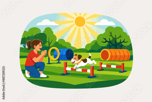 Young caucasian female training dog in outdoor agility course under sunny sky