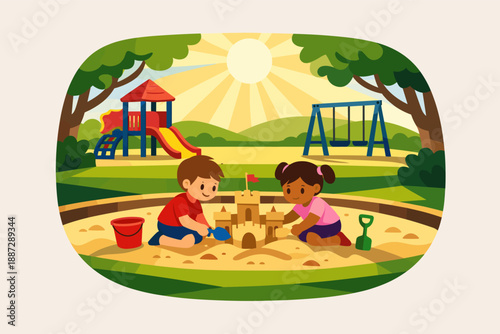 Children playing in sandbox at sunny playground
