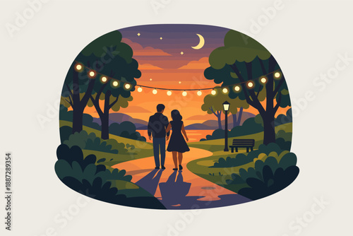 Romantic evening walk in park under starry sky with string lights at sunset