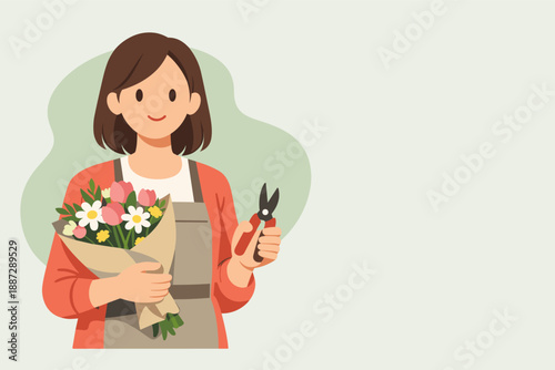 Smiling young female florist holding flower bouquet and pruning shears