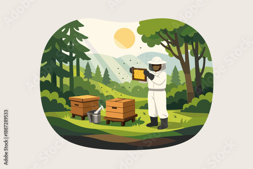 Beekeeper harvesting honey in forest landscape with hives and sunlight