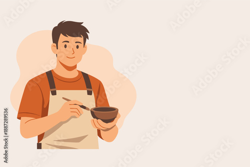 Young asian male artist painting bowl in apron with brush illustration
