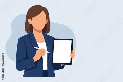 Female caucasian young professional holding digital tablet with stylus in business attire
