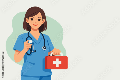 Smiling female nurse with medical kit and stethoscope in uniform