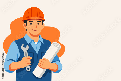 Male engineer cartoon: young caucasian holding blueprint and wrench