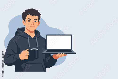 Young caucasian male with laptop and coffee cup in casual hoodie
