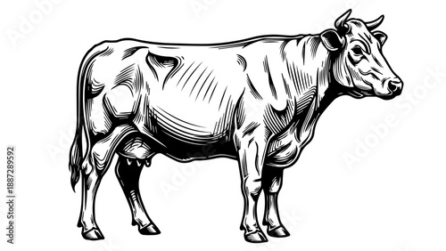 Black and white illustration of a detailed anatomically accurate cow